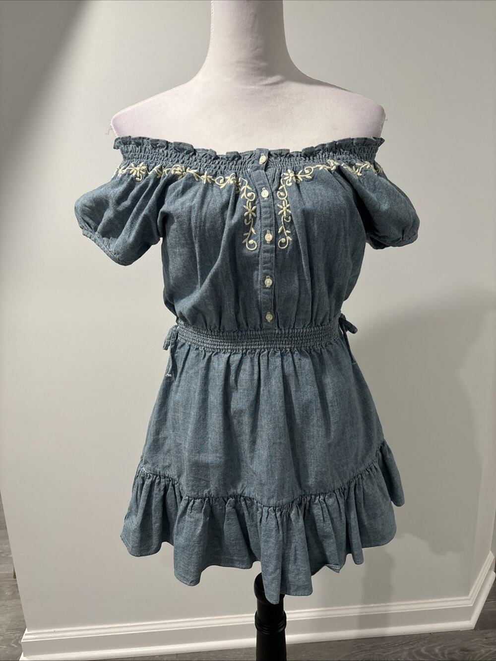 Ralph Lauren Girls Sz 8 Denim Chambray Embroidered Ruffle Dress Boho Cottagecore